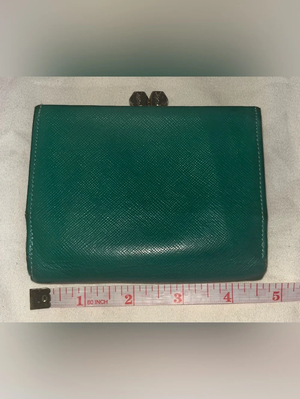 Authentic Yves Saint Laurent Teal Textured Leather Wallet with Heart Emblem - Picture 2 of 11